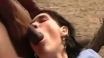 Dirty brunette tries horse penis in her shaved cunt