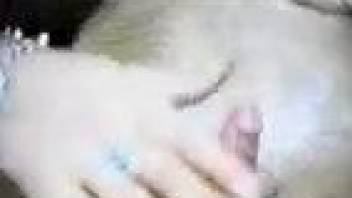 White bra blonde sucking a shaggy dog's cock