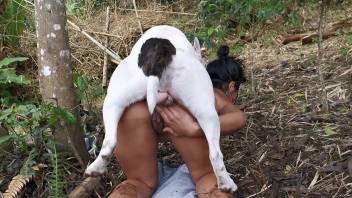Passionate brunette woman shares sexual pleasures along with her dog