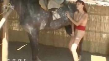 Redheaded hoe in red gets fucked by a kinky stallion