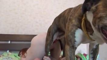 Skinny redhead devouring a dog's gorgeous cock