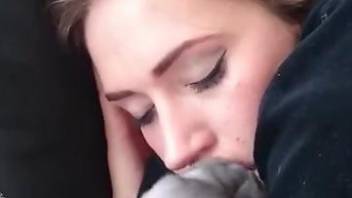 Adorable babe makes out with her sexy pet big time