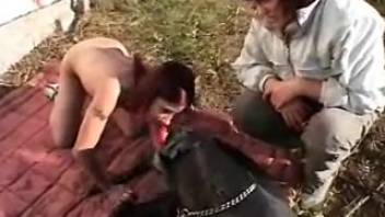 Fiery-haired babe and black mutt are banging in a wild, intense manner