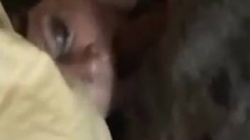 Bare woman deepthroats canine dick in super messy webcam audition